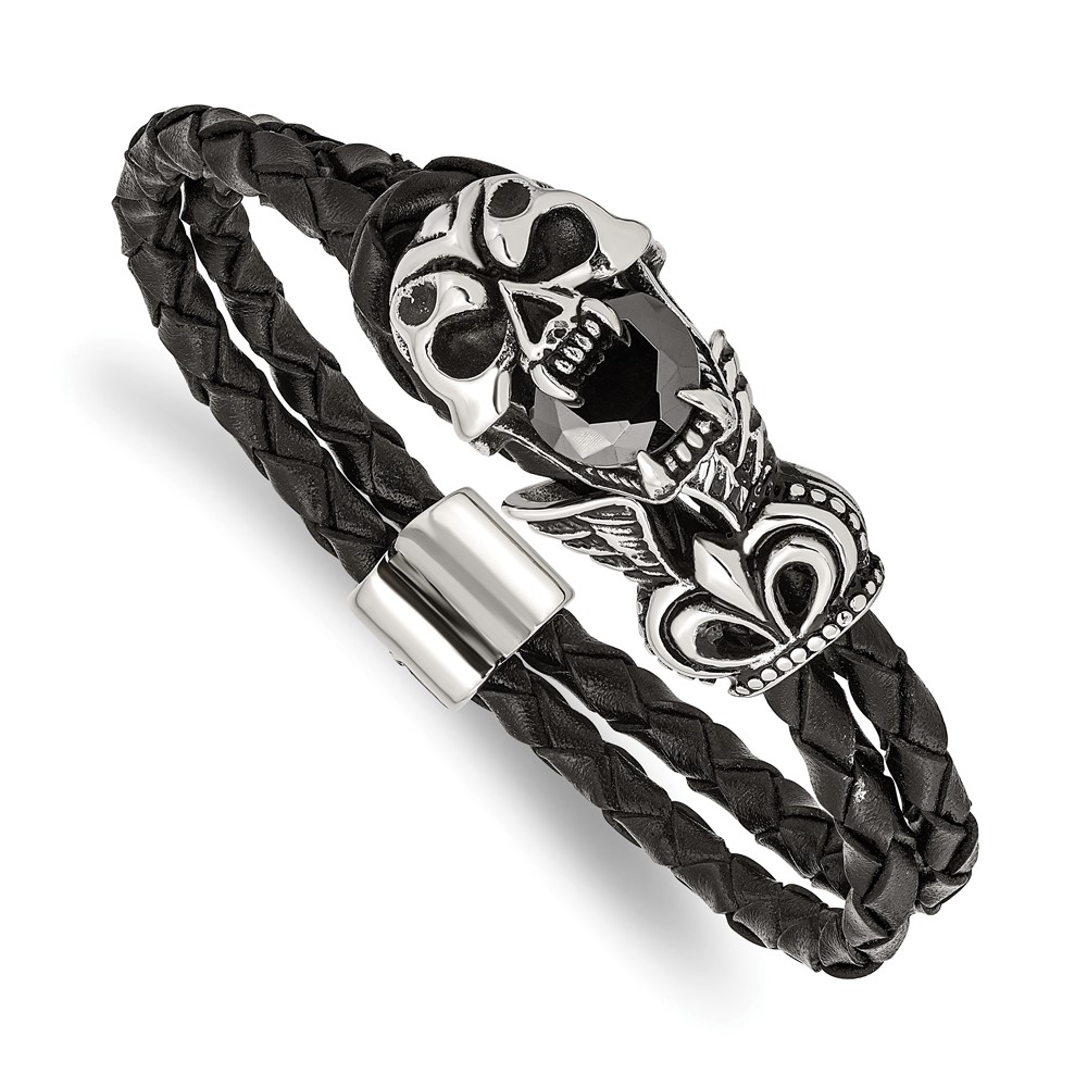 Stainless Steel Antiqued and Polished Enameled w/Glass Leather Bracelet
