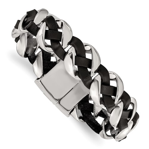 Chisel Stainless Steel Polished Black Braided Leather Bracelet, 8"