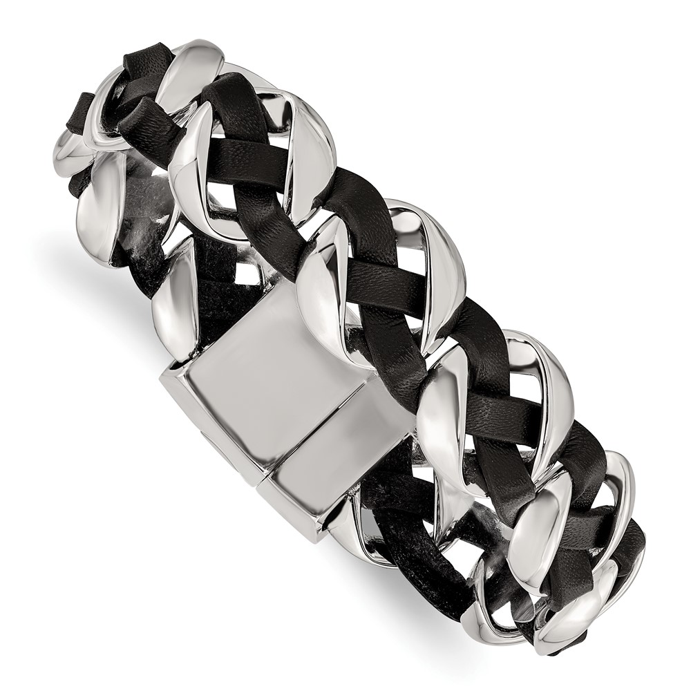 Stainless Steel Polished Leather Braided 8in Bracelet