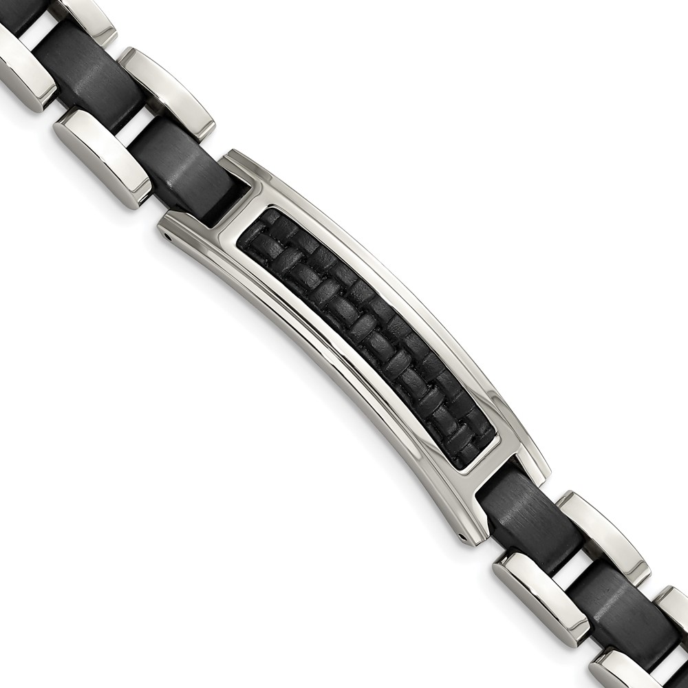 Stainless Steel Brushed & Polished Black IP-plated w/Leather 8.5in Bracelet