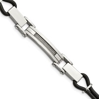 Stainless Steel Polished Bracelet with Wire Inlay and PU Cord, 9" view 1