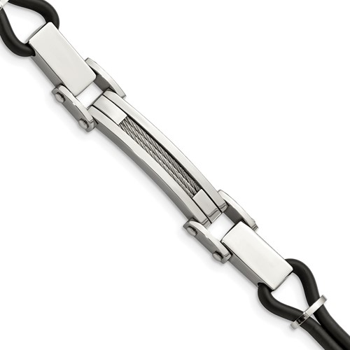 Stainless Steel Polished Bracelet with Wire Inlay and PU Cord, 9"