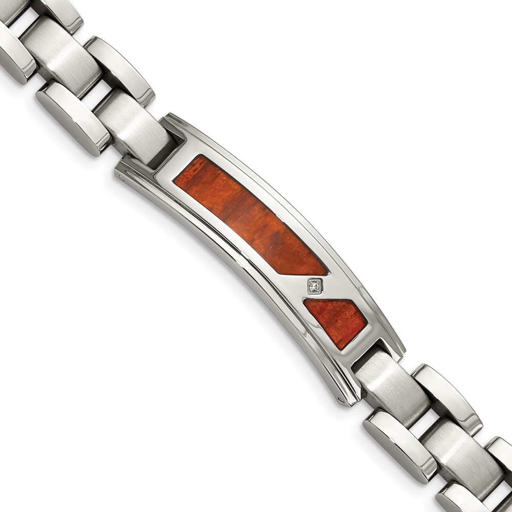 Stainless Steel Brushed and Polished w/Wood Inlay and CZ 8.5in Bracelet