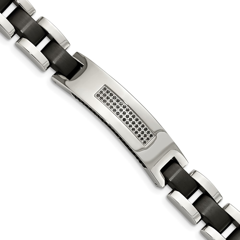 Stainless Steel Brushed and Polished Black IP-plated with CZ 8.5in Bracelet