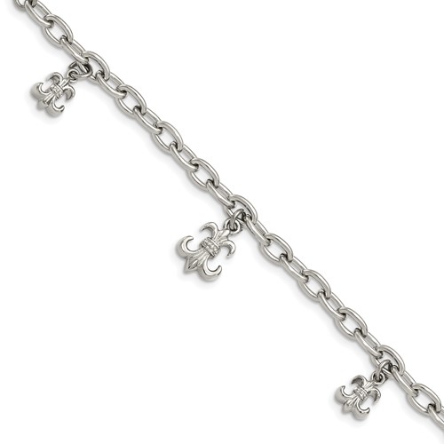 Stainless Steel Polished Fleur De Lis Bracelet with 3in Ext., 7"