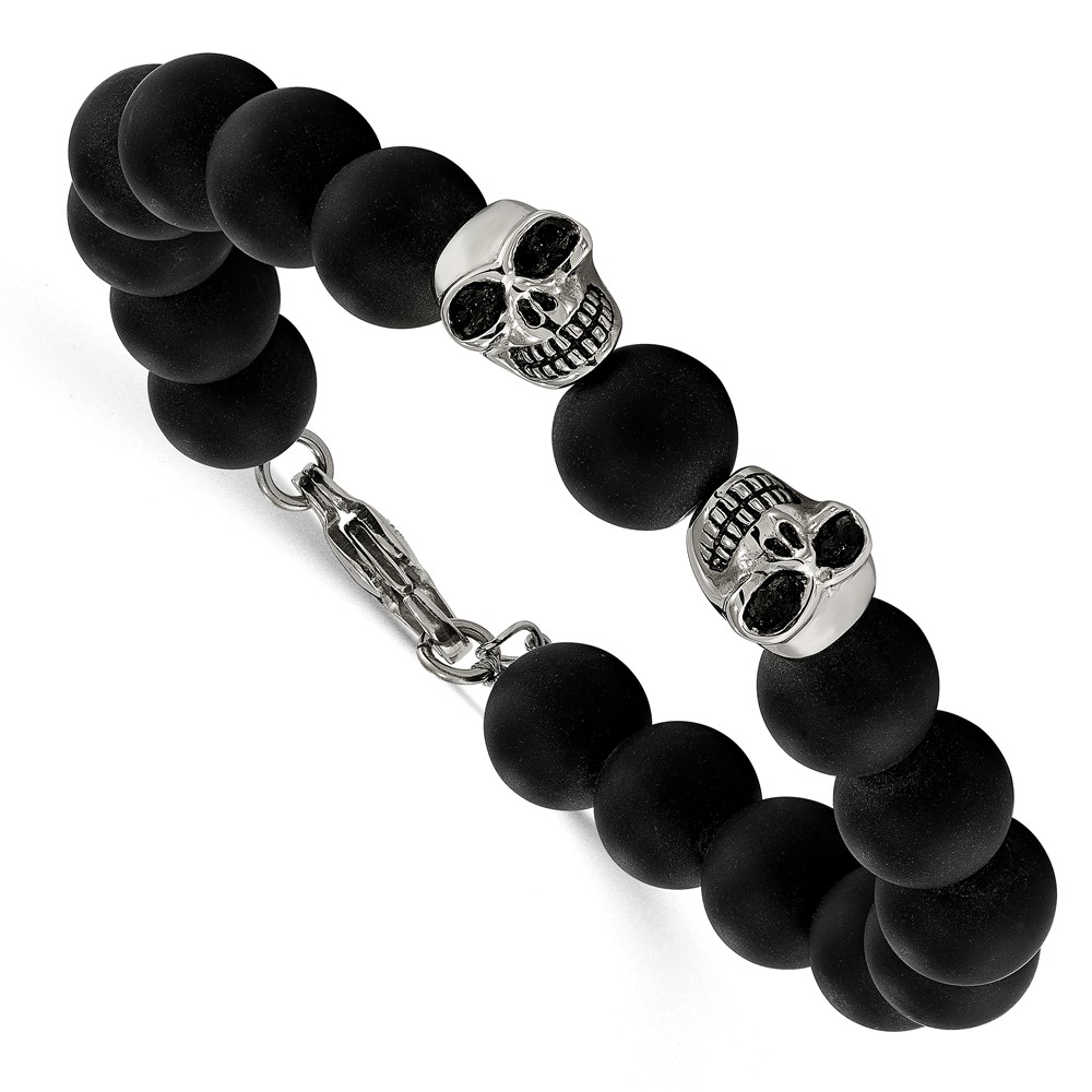 Stainless Steel Antiqued & Polished w/Black Onyx Skull w/1in ext Bracelet