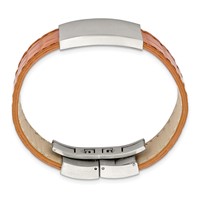 Stainless Steel Satin Textured Light Brown Leather ID Bracelet, 8" view 3