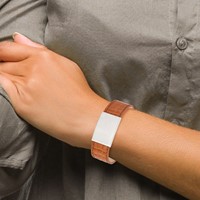 Stainless Steel Satin Textured Light Brown Leather ID Bracelet, 8" view 5