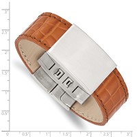 Stainless Steel Satin Textured Light Brown Leather ID Bracelet, 8" view 4