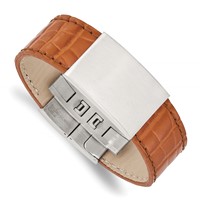 Stainless Steel Satin Textured Light Brown Leather ID Bracelet, 8" view 1