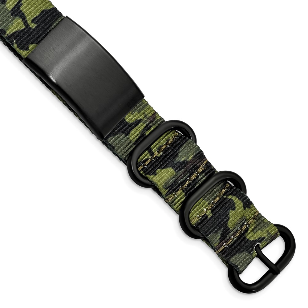 Stainless Steel Brushed Blk IP Green Camo Fabric Adjustable ID Bracelet