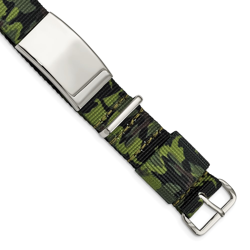 Stainless Steel Polished Green Camo Fabric Adjustable ID Bracelet