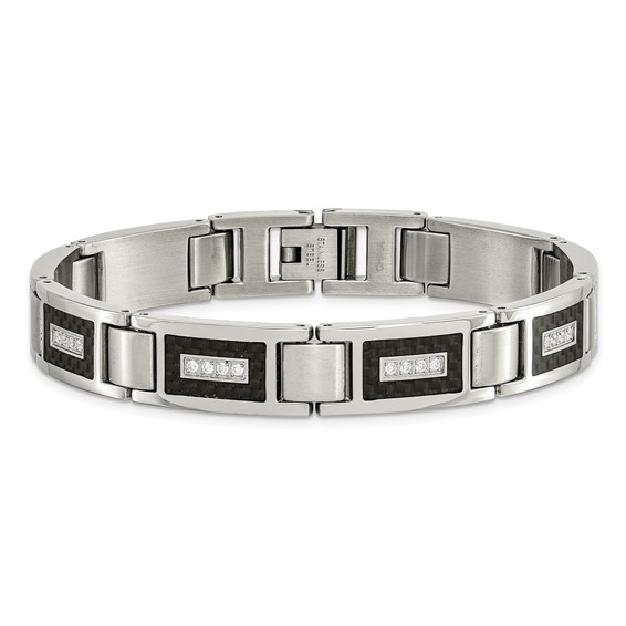Chisel Stainless Steel Brushed and Polished with CZ and Black Carbon Fiber Inlay 8.75 inch Link Bracelet