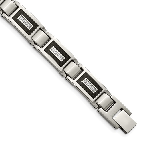 Chisel Stainless Steel Brushed and Polished Bracelet with CZ and Black Carbon Fiber Inlay Link - 8.75in