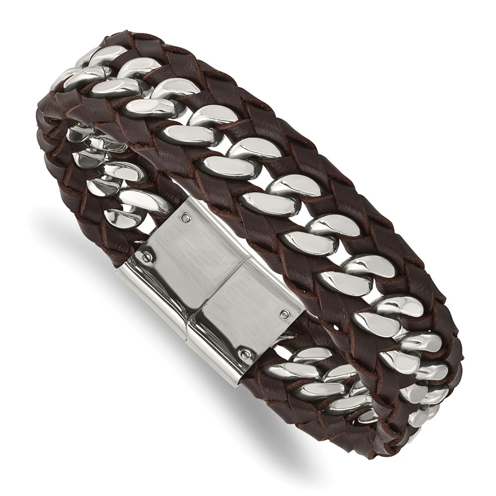 Stainless Steel Polished Brown Leather 8.5in Bracelet