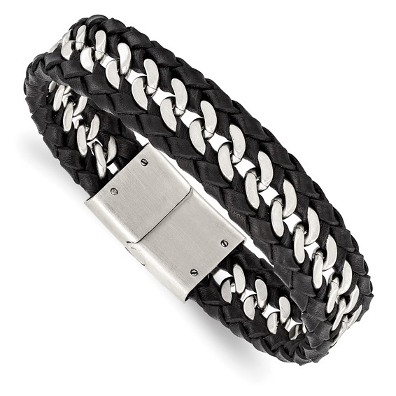 Chisel Stainless Steel Brushed Black Leather 8.5 inch Bracelet
