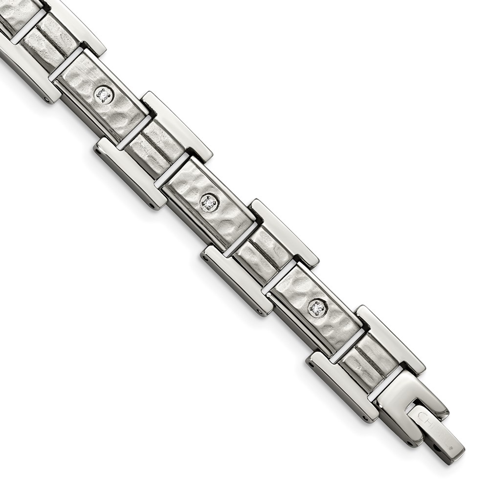 Stainless Steel Brushed Polished and Hammered with CZ 8.5in Bracelet