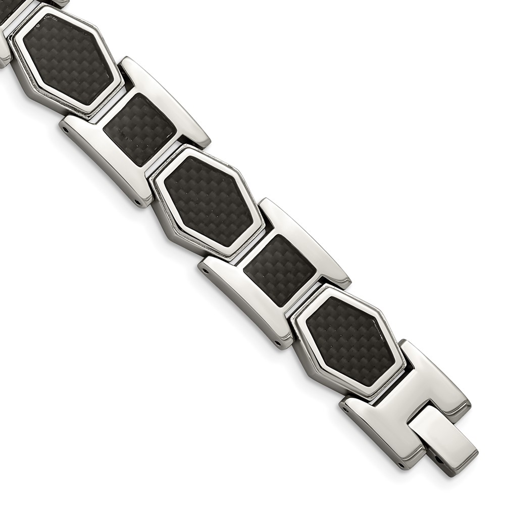 Stainless Steel Polished with Black Carbon Fiber Inlay 8.75in Bracelet