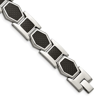 Chisel Stainless Steel Polished with Black Carbon Fiber Inlay 8.75 inch Link Bracelet