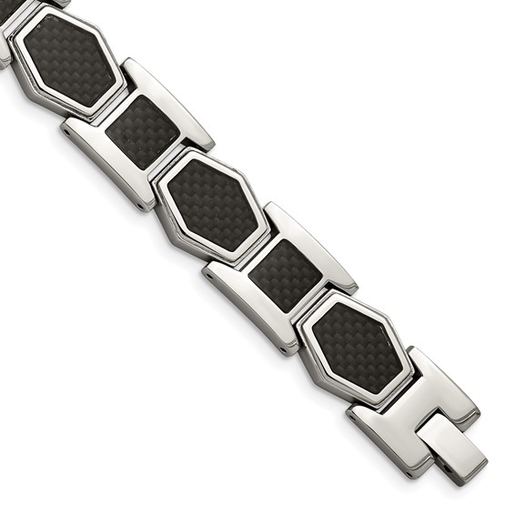 Chisel Stainless Steel Polished with Black Carbon Fiber Inlay 8.75 inch Link Bracelet