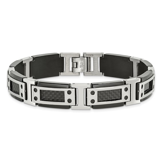 Chisel Stainless Steel Polished Black IP-plated with Black Carbon Fiber Inlay 8.5 inch Link Bracelet