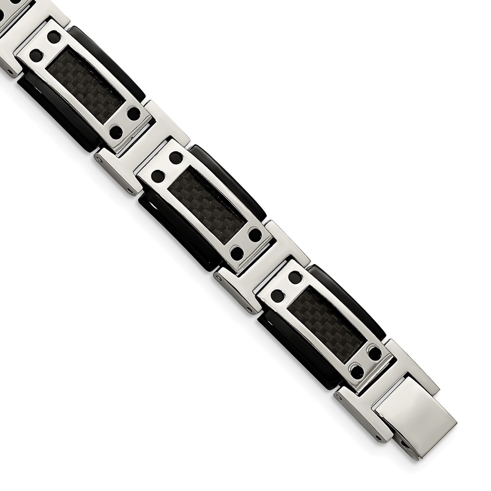 Stainless Steel Polished Black IP-plated w/Carbon Fiber Inlay 8.5in Bracele