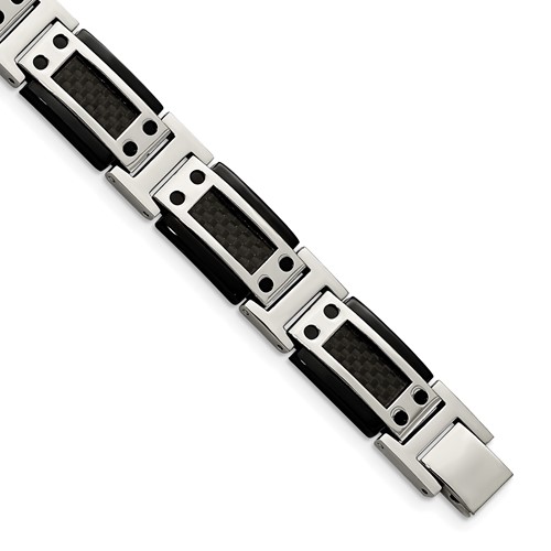 Chisel Stainless Steel Polished Black IP-plated Bracelet with Black Carbon Fiber Inlay Link, 8.5"