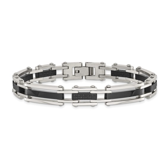 Chisel Stainless Steel Polished Black IP-plated with Solid Black Carbon Fiber 8.25 inch Link Bracelet