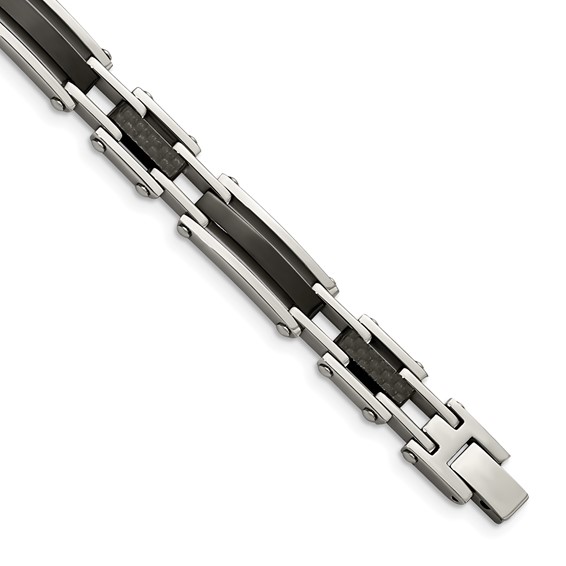 Chisel Stainless Steel Polished Black IP-plated with Solid Black Carbon Fiber 8.25 inch Link Bracelet