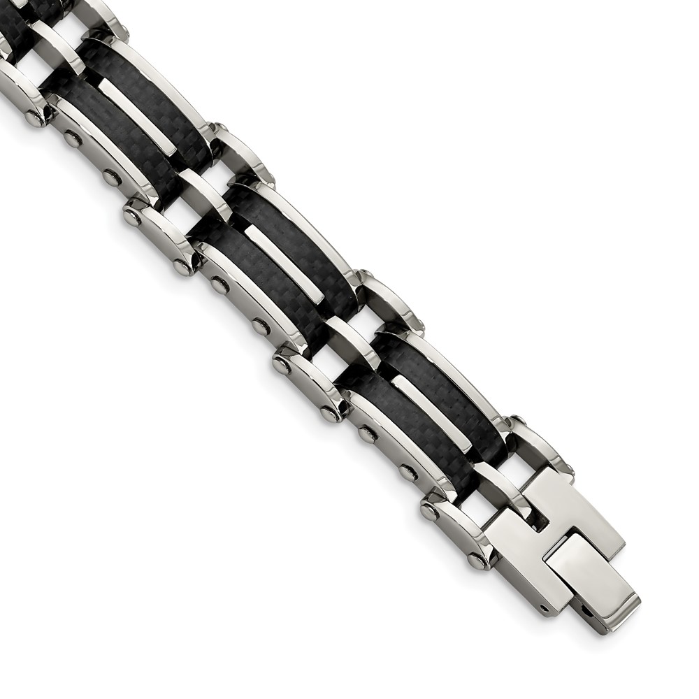 Stainless Steel Polished with Solid Black Carbon Fiber 8in Bracelet