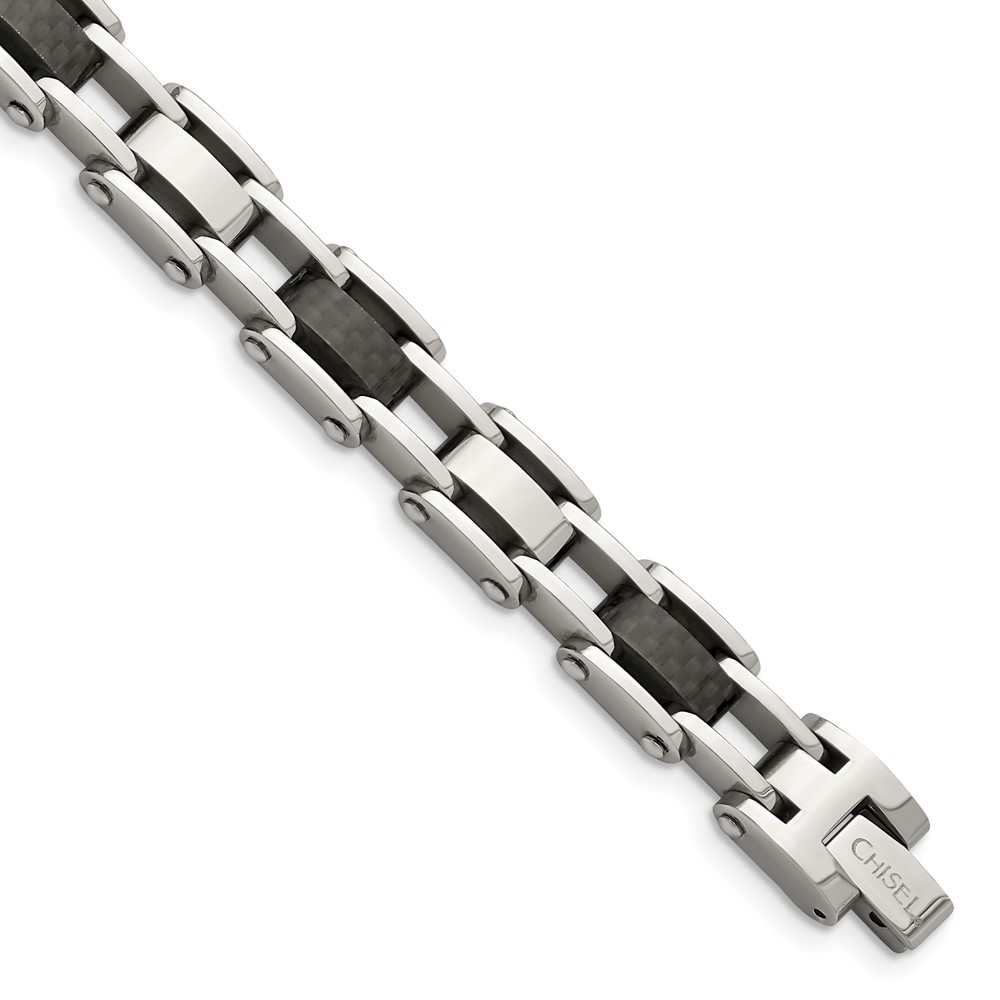 Stainless Steel Polished with Solid Black Carbon Fiber 8.5in Bracelet