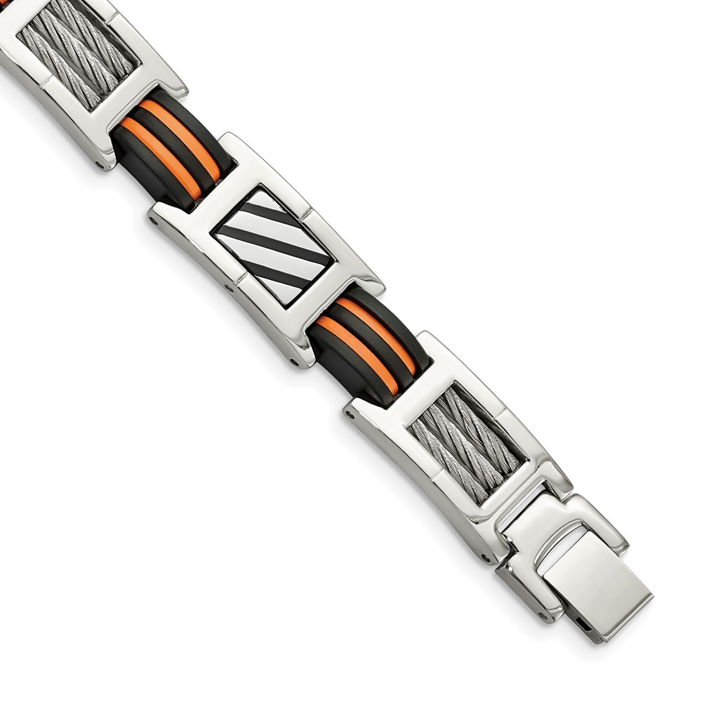 Stainless Steel 8.5in Polished with Cable & Rubber Black & Orange Bracelet