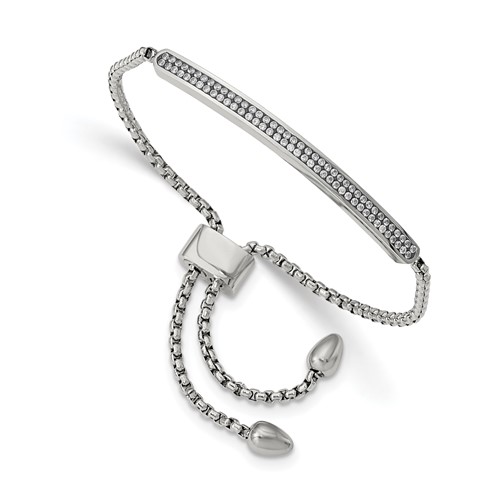 Chisel Stainless Steel Polished Bracelet with 2 Row CZ Bar Friendship Bolo Adjustable