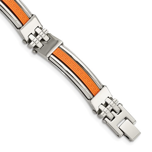 Chisel Stainless Steel Polished Bracelet with Orange Greek Key Design Rubber Inlay, 9"