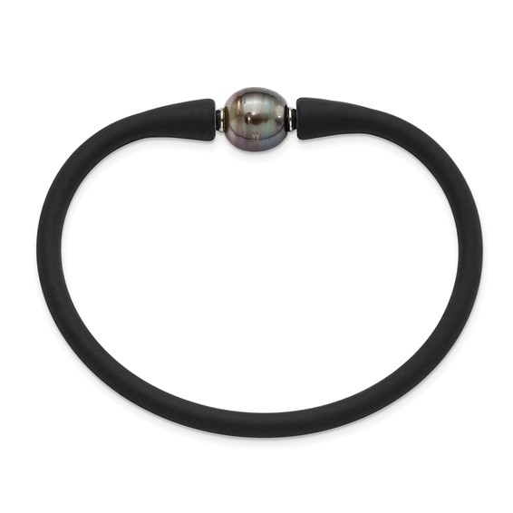 Chisel Stainless Steel 10-11mm Black Tahitian Pearl Black Silicone Bracelet with Hidden Clasp