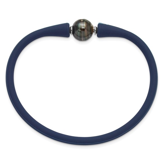 Chisel Stainless Steel 10-11mm Black Semi-Round Tahitian Saltwater Cultured Pearl Blue Silicone Bracelet