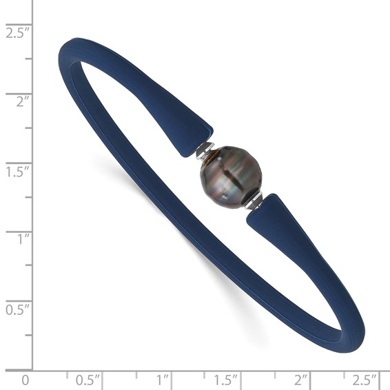 Chisel Stainless Steel 10-11mm Black Semi-Round Tahitian Saltwater Cultured Pearl Blue Silicone Bracelet