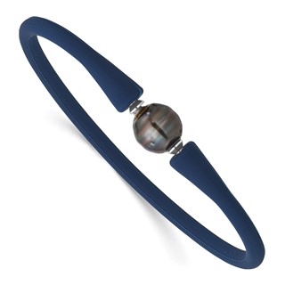 Chisel Stainless Steel 10-11mm Black Semi-Round Tahitian Saltwater Cultured Pearl Blue Silicone Bracelet