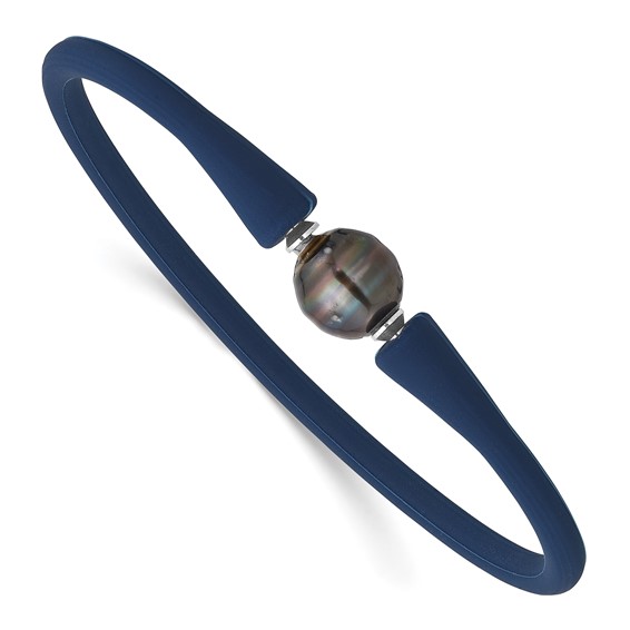 Chisel Stainless Steel 10-11mm Black Semi-Round Tahitian Saltwater Cultured Pearl Blue Silicone Bracelet