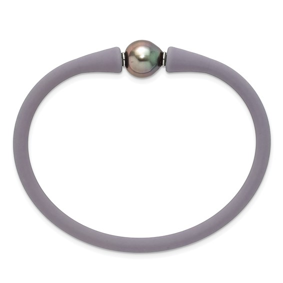 Stainless Steel 10-11mm Black Tahitian Pearl Mauve/Grey Silicone Bracelet