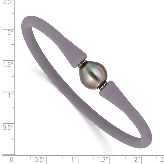Stainless Steel 10-11mm Black Tahitian Pearl Mauve/Grey Silicone Bracelet