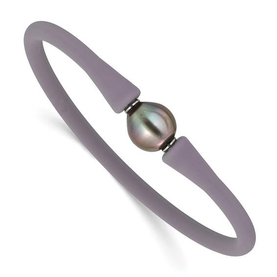 Stainless Steel 10-11mm Black Tahitian Pearl Mauve/Grey Silicone Bracelet