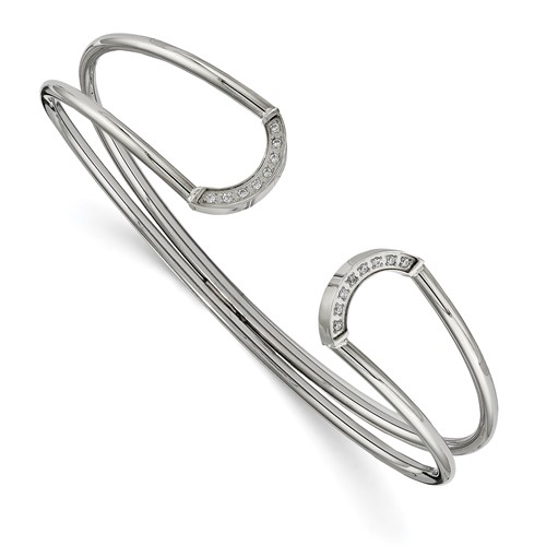 Stainless Steel Polished Bangle with CZ Flexible Cuff
