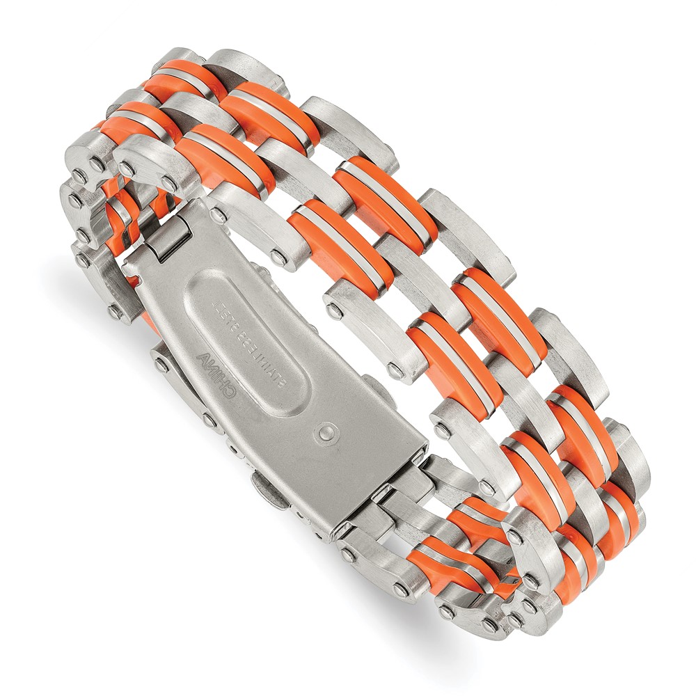 Stainless Steel 8in  Brushed with Rubber Orange Bracelet