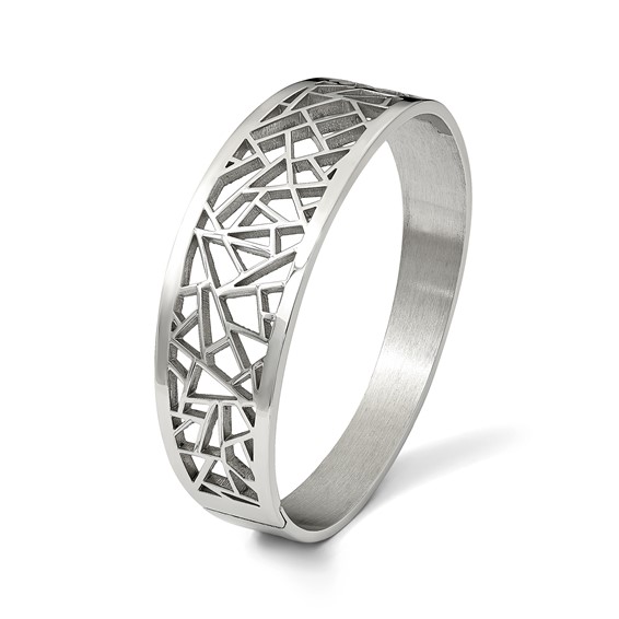 Stainless Steel Polished Geometric Cut-out Hinged Bangle