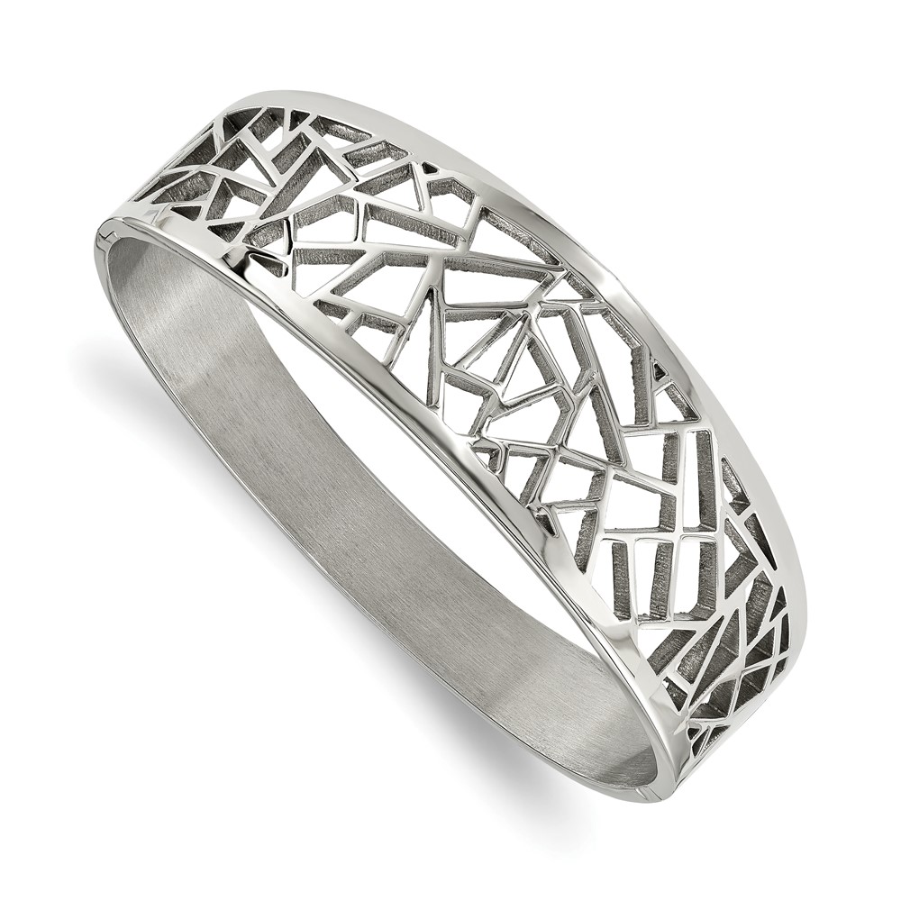 Stainless Steel Polished Geometric Cut-out Hinged Bangle