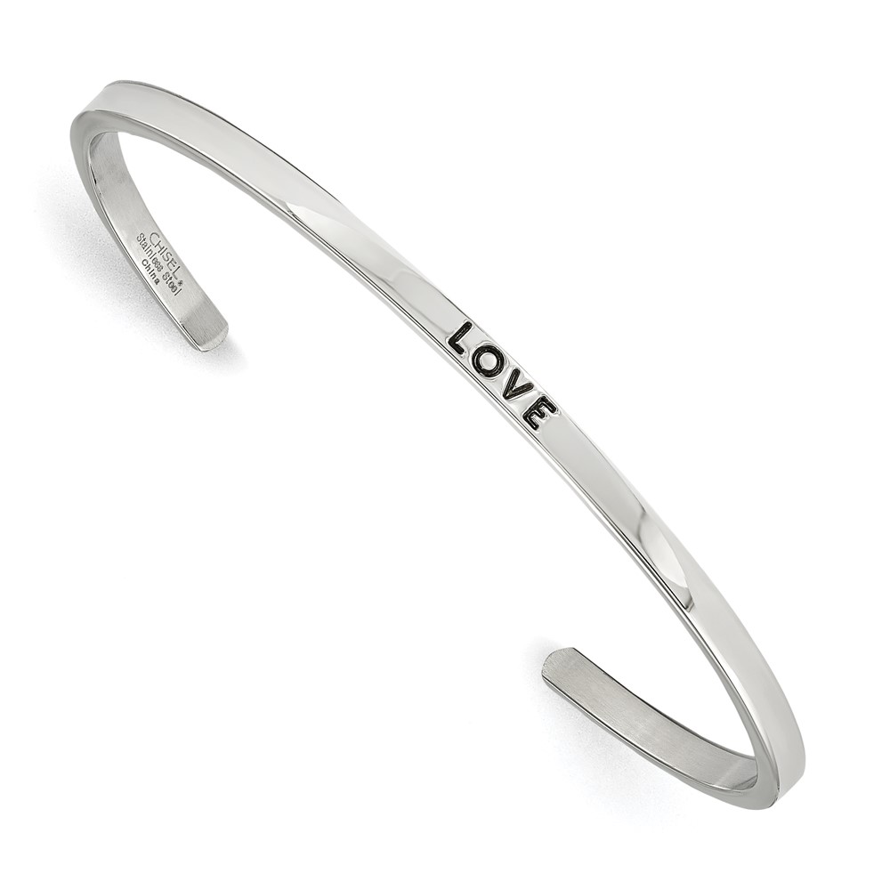 Chisel Stainless Steel Polished and Enameled Bangle with Crystal Love 3mm Cuff