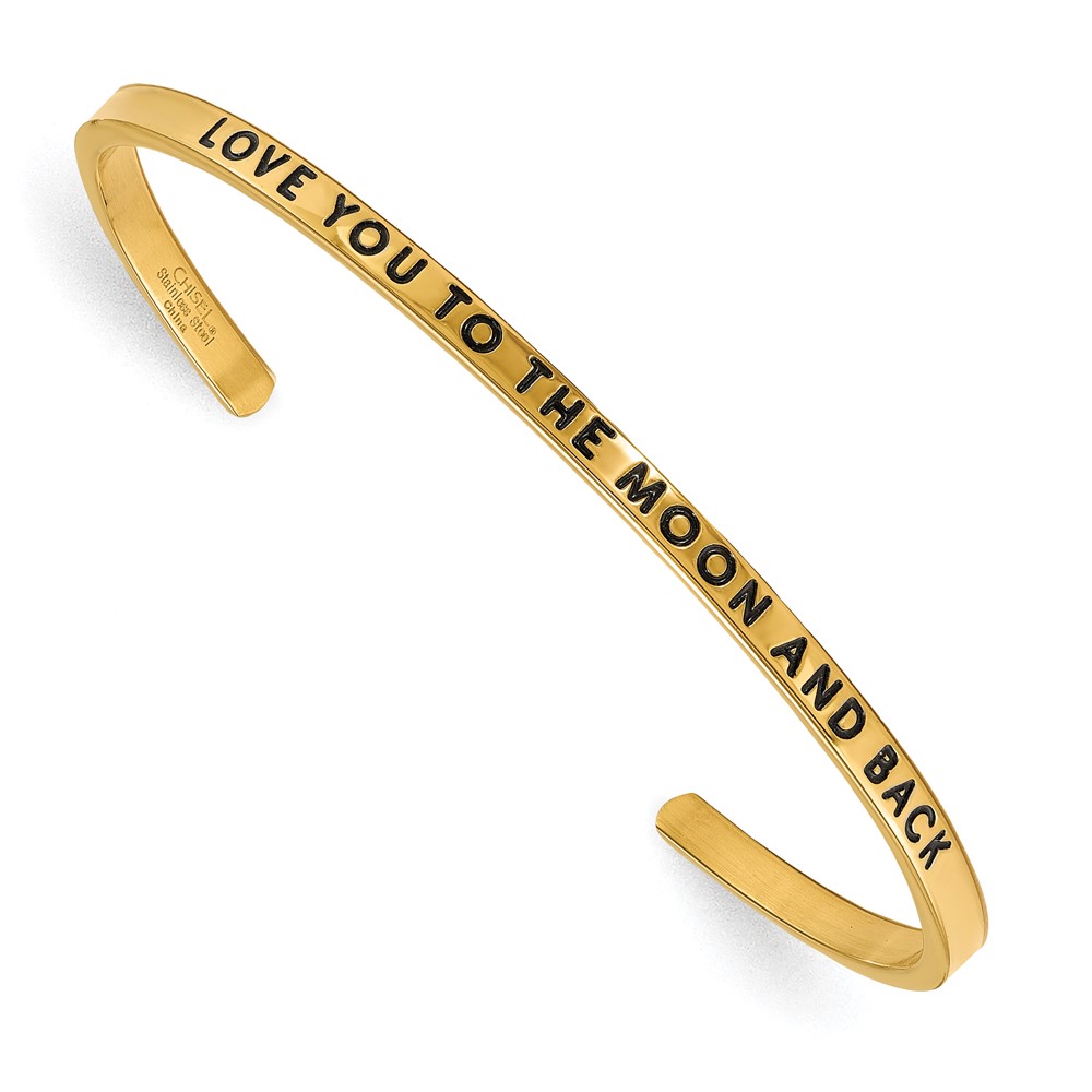 Chisel Stainless Steel Polished and Enameled Yellow IP-plated Bangle with Crystal Love You to the Moon and Back 3mm Cuff