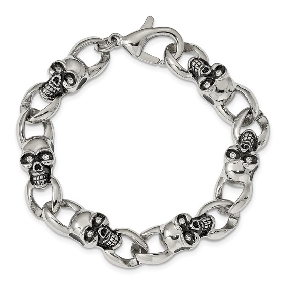 Chisel Stainless Steel Antiqued and Polished with CZ Skull Link 9 inch Bracelet