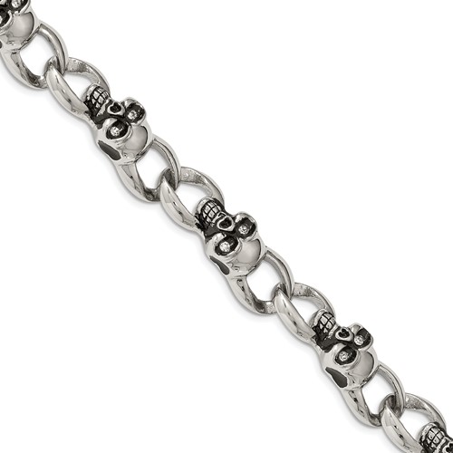 Chisel Stainless Steel Antiqued and Polished Bracelet with CZ Skull Link, 9"